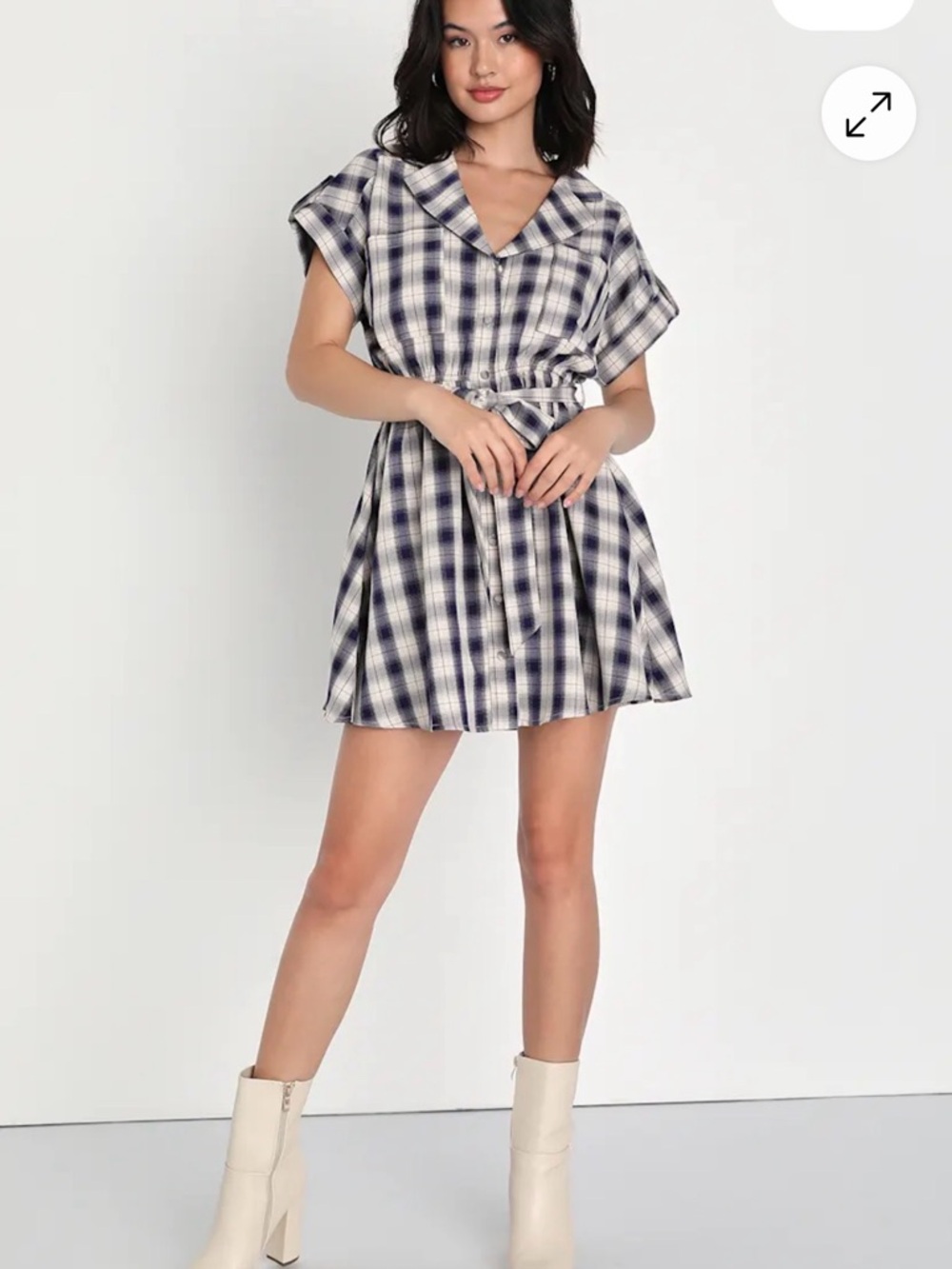 Lulu's size small Navy and cream Plaid Tie-Waist Mini Dress